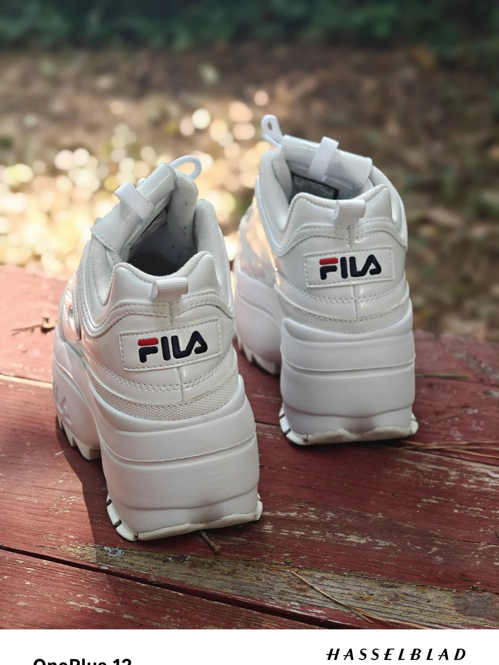 Fila Women's White Platform Disruptor II Sneakers with Navy & Red Accents